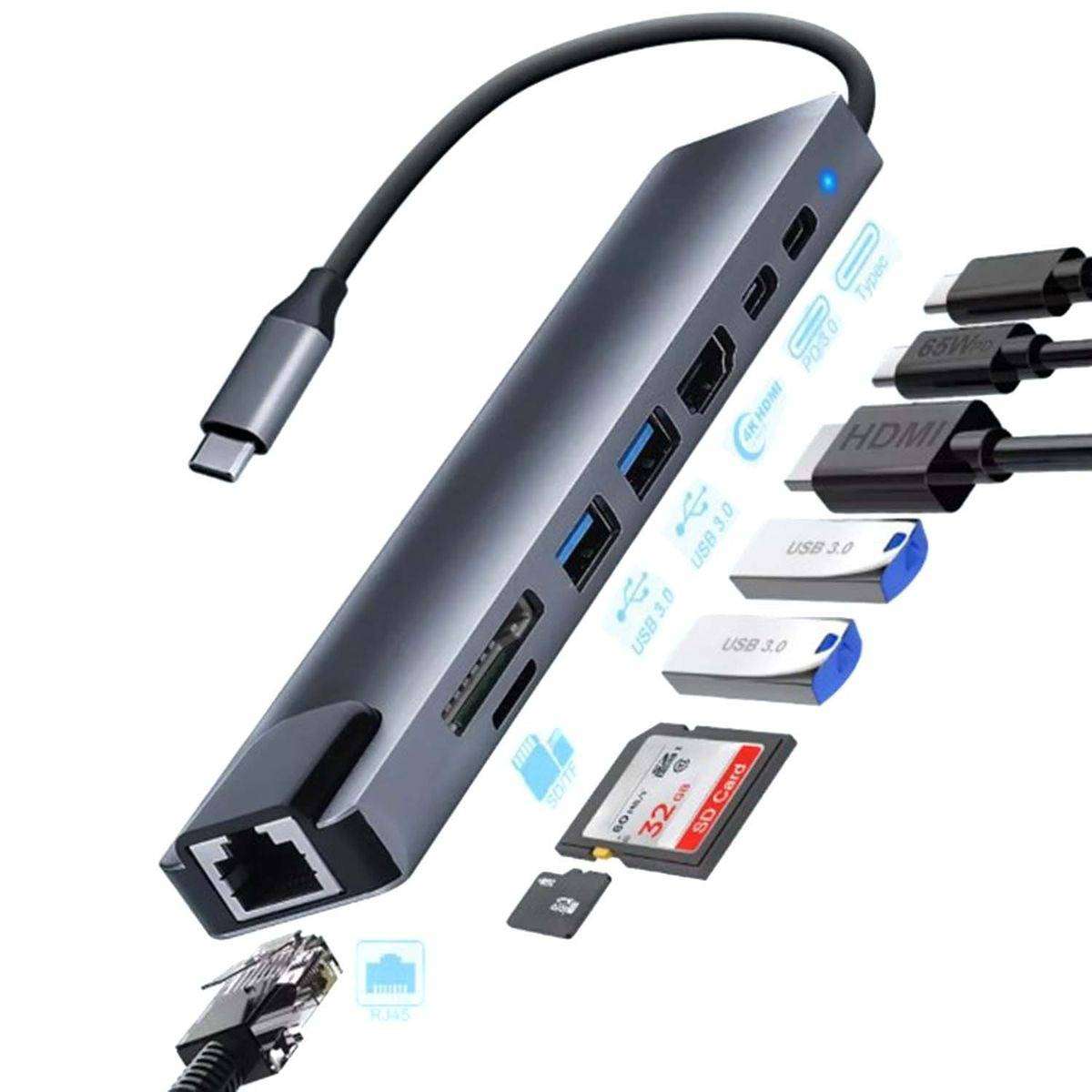 Portable 8 in 1 Type-C USB Hub HDMI 3.1 to 4K Adapter with RJ45 SD/TF Card