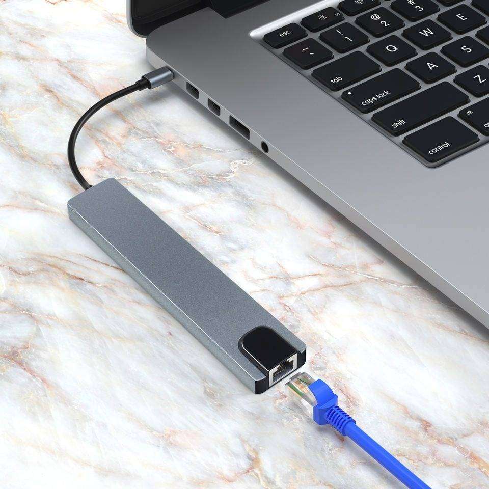 Portable 8 in 1 Type-C USB Hub HDMI 3.1 to 4K Adapter with RJ45 SD/TF Card