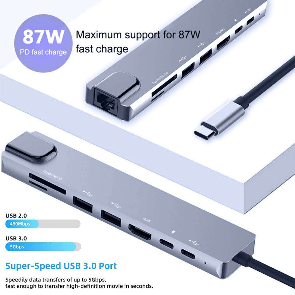 Portable 8 in 1 Type-C USB Hub HDMI 3.1 to 4K Adapter with RJ45 SD/TF Card