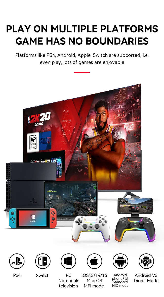 P07 Wireless Joystick For PS4/Switch/IOS/Android/PC RGB Gaming Controller Bluetooth Handle Console