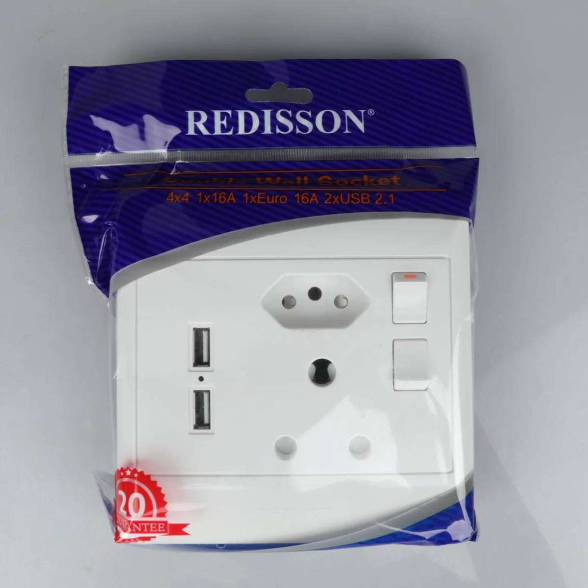 REDISSON 4x4 Double Switched Wall Socket with 2 USB Ports