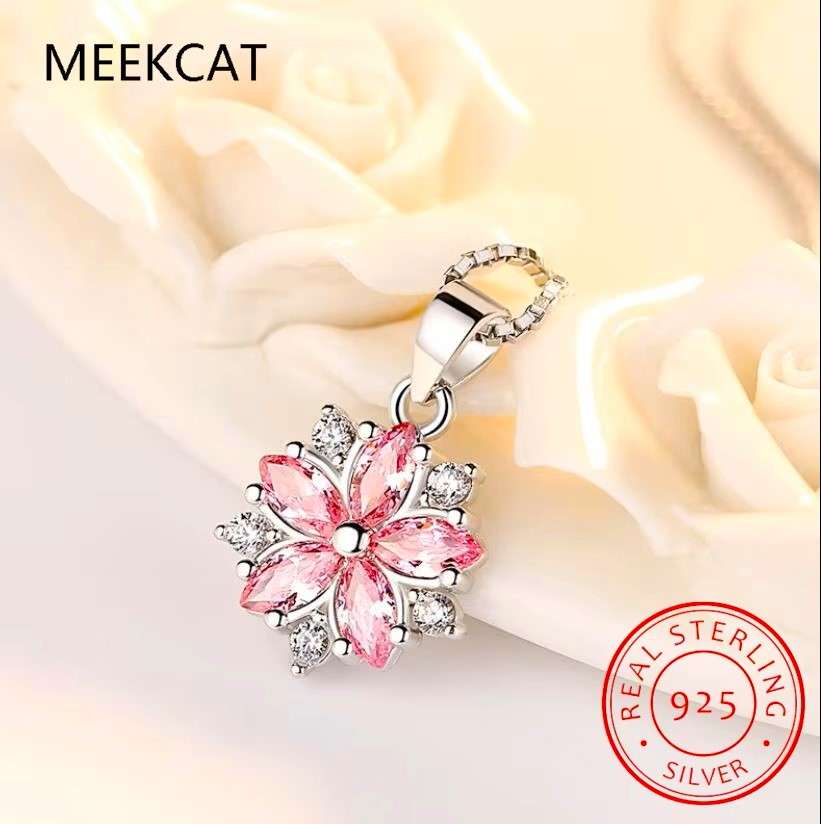 Pink Crystal Flower Pendant  Necklace 925 Sterling Silver