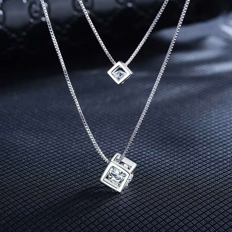 Square Cube Zirconia Choker  Double Layer Pendants & Necklace 925 Sterling Silver