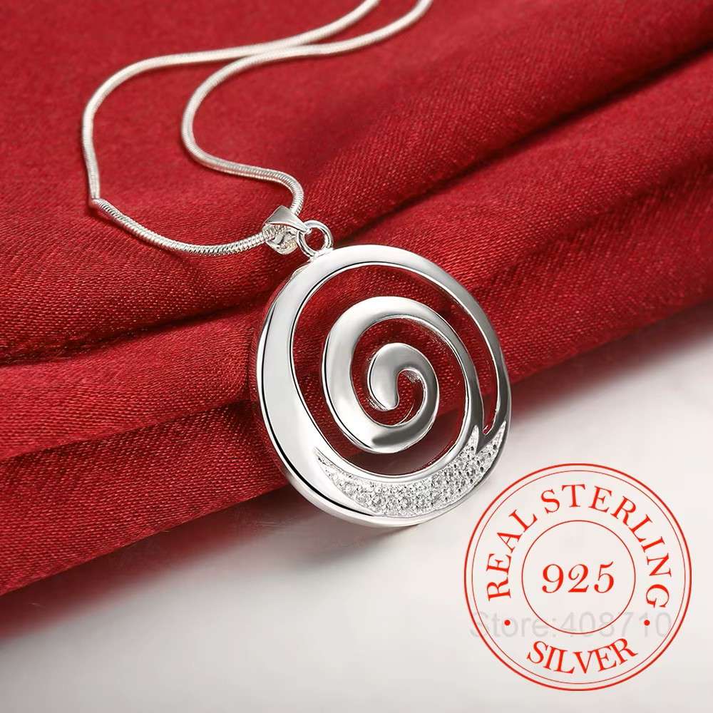 Round Spiral Pendant Zircon  Women's Necklace 925 Sterling Silver