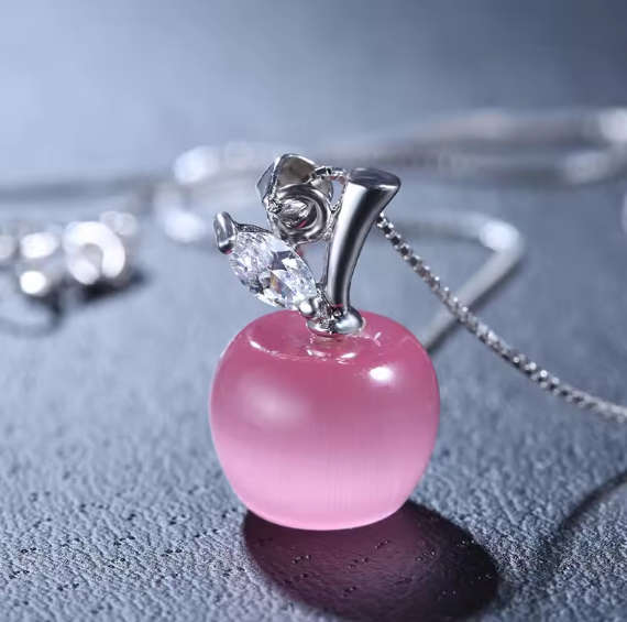 Pink Crystal Apple Elegant  Vintage Link Chain Necklace 925 Sterling Silver
