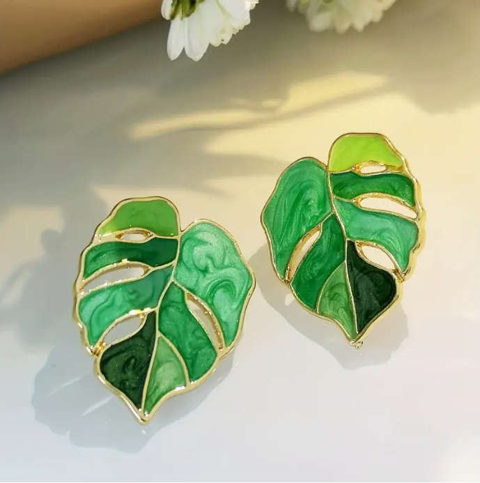 Green Leaf Enamel Stud Earrings, Vintage Bohemian Style,