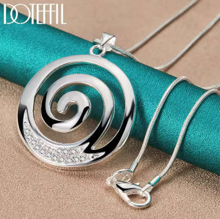 Round Spiral Pendant Zircon  Women's Necklace 925 Sterling Silver