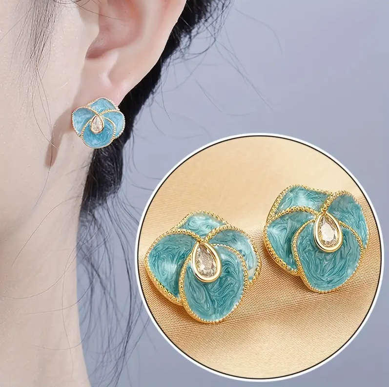 Blue Camellia Flower Drop Earrings