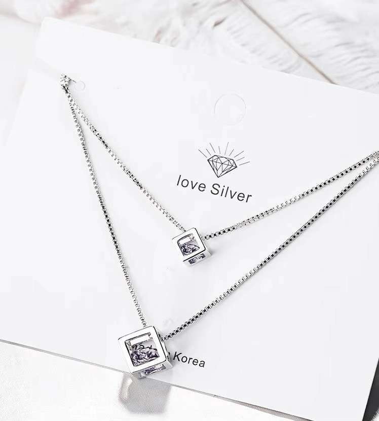 Square Cube Zirconia Choker  Double Layer Pendants & Necklace 925 Sterling Silver