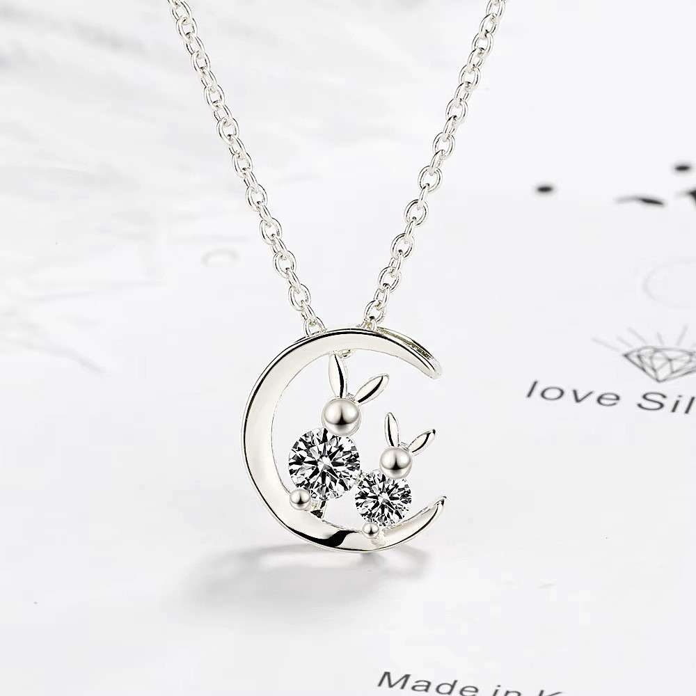 Rabbit Diamond Pendant Necklace   925 Sterling Silver