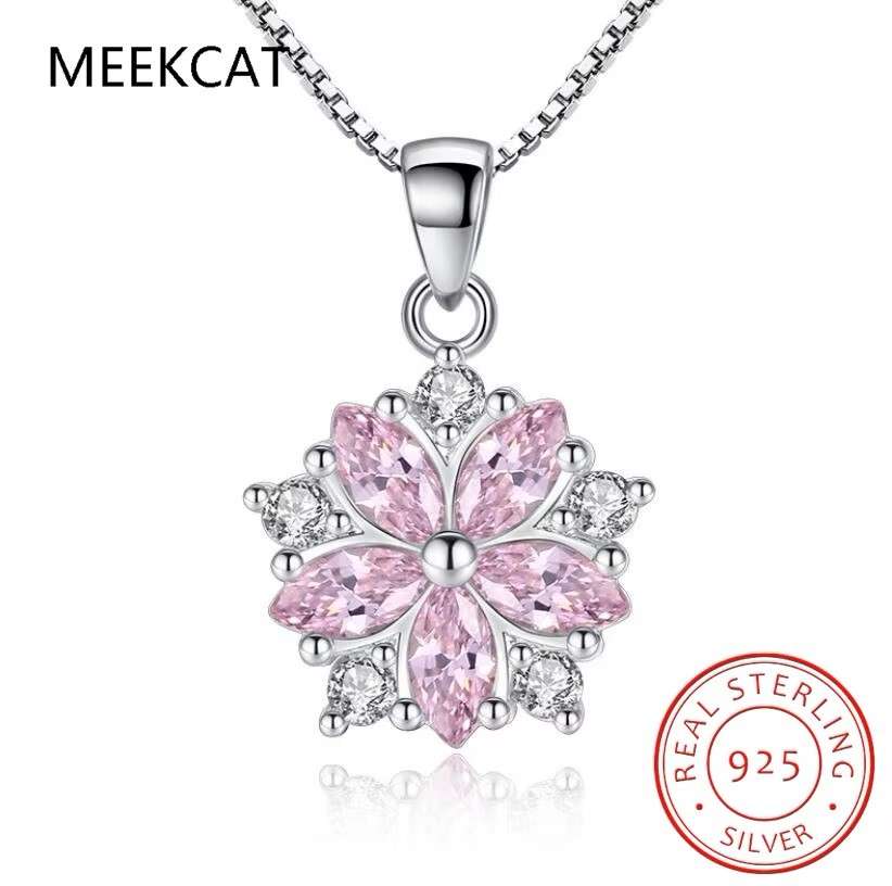 Pink Crystal Flower Pendant  Necklace 925 Sterling Silver