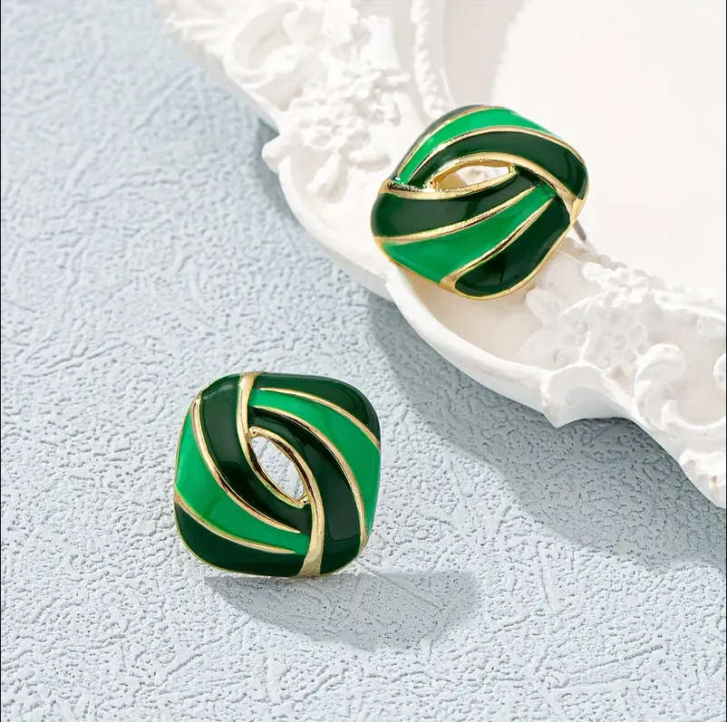 Geometric Stud Earrings, Vintage, 14K Golden Plated