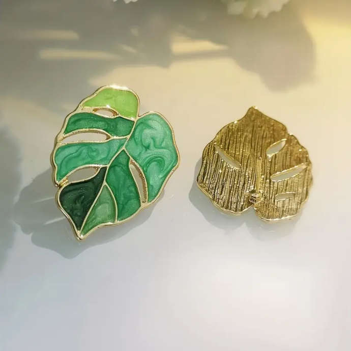 Green Leaf Enamel Stud Earrings, Vintage Bohemian Style,
