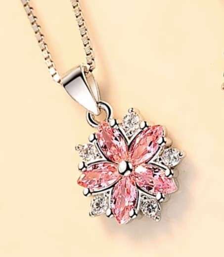 Pink Crystal Flower Pendant  Necklace 925 Sterling Silver
