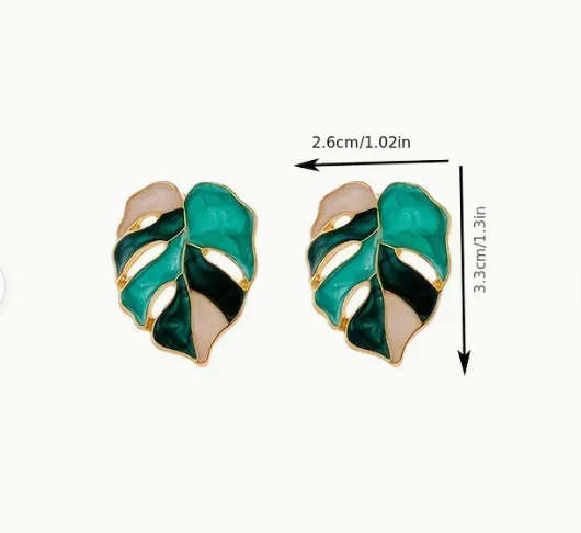 Leaf Turquise, Geen  & Pearl white Enamel Stud Earrings, Vintage Bohemian Style,
