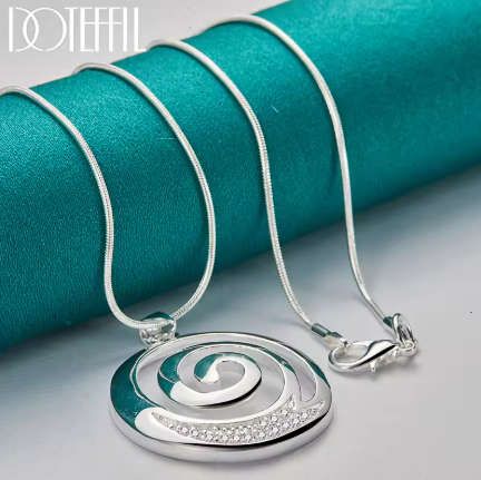 Round Spiral Pendant Zircon  Women's Necklace 925 Sterling Silver