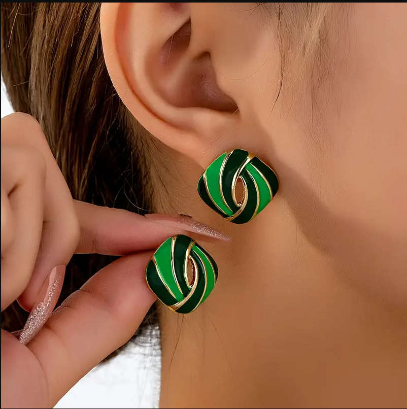 Geometric Stud Earrings, Vintage, 14K Golden Plated