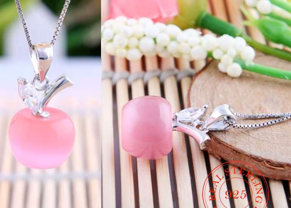 Pink Crystal Apple Elegant  Vintage Link Chain Necklace 925 Sterling Silver