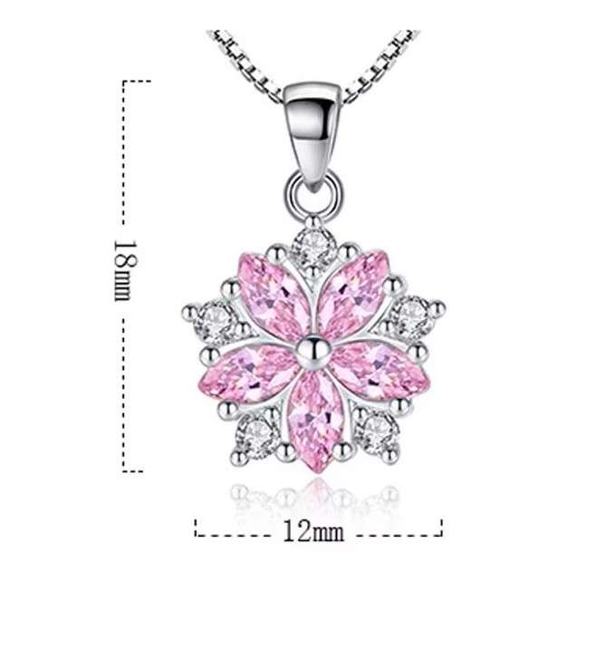 Pink Crystal Flower Pendant  Necklace 925 Sterling Silver
