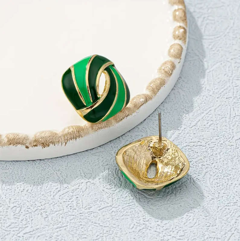 Geometric Stud Earrings, Vintage, 14K Golden Plated