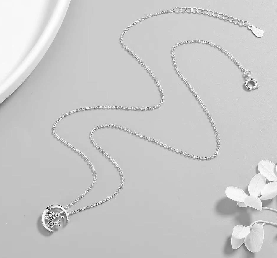 Rabbit Diamond Pendant Necklace   925 Sterling Silver