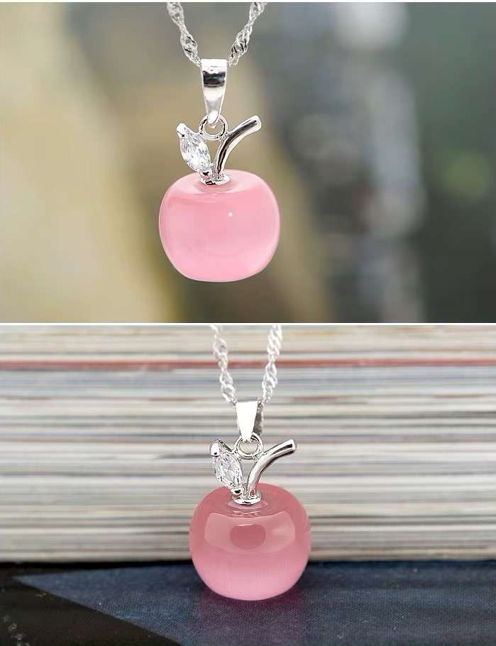 Pink Crystal Apple Elegant  Vintage Link Chain Necklace 925 Sterling Silver