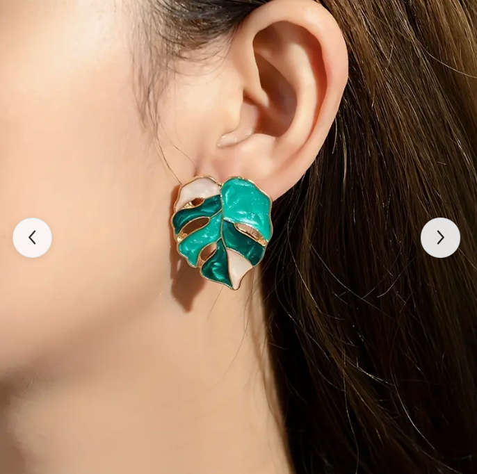 Leaf Turquise, Geen  & Pearl white Enamel Stud Earrings, Vintage Bohemian Style,