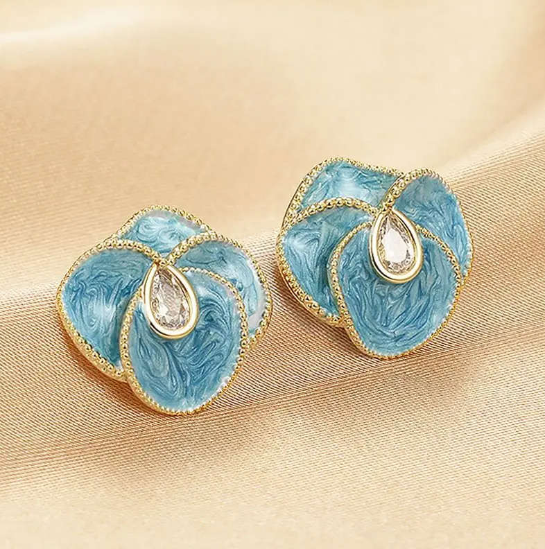 Blue Camellia Flower Drop Earrings