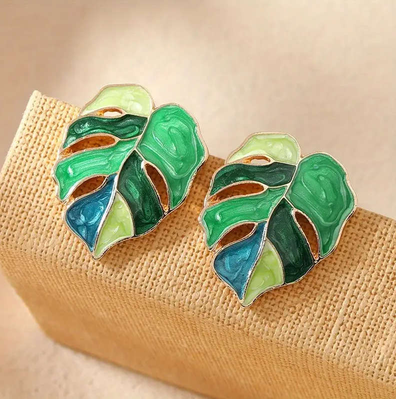 Green Leaf Enamel Stud Earrings, Vintage Bohemian Style,