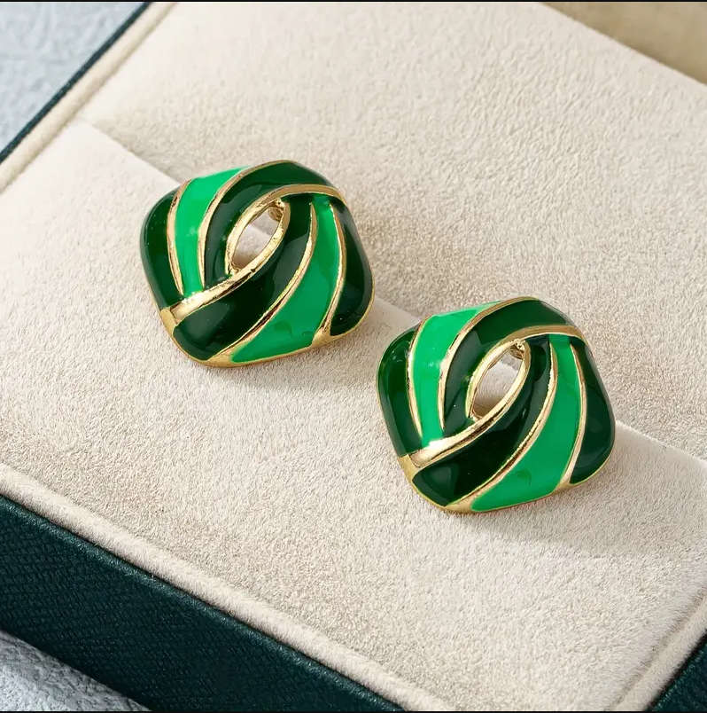 Geometric Stud Earrings, Vintage, 14K Golden Plated