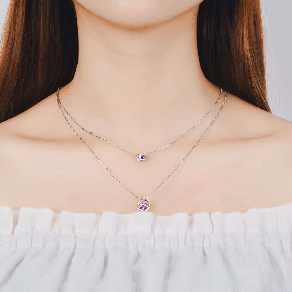 Square Amethyst Cube Zirconia Choker  Double Layer Pendants & Necklace 925 Sterling Silver