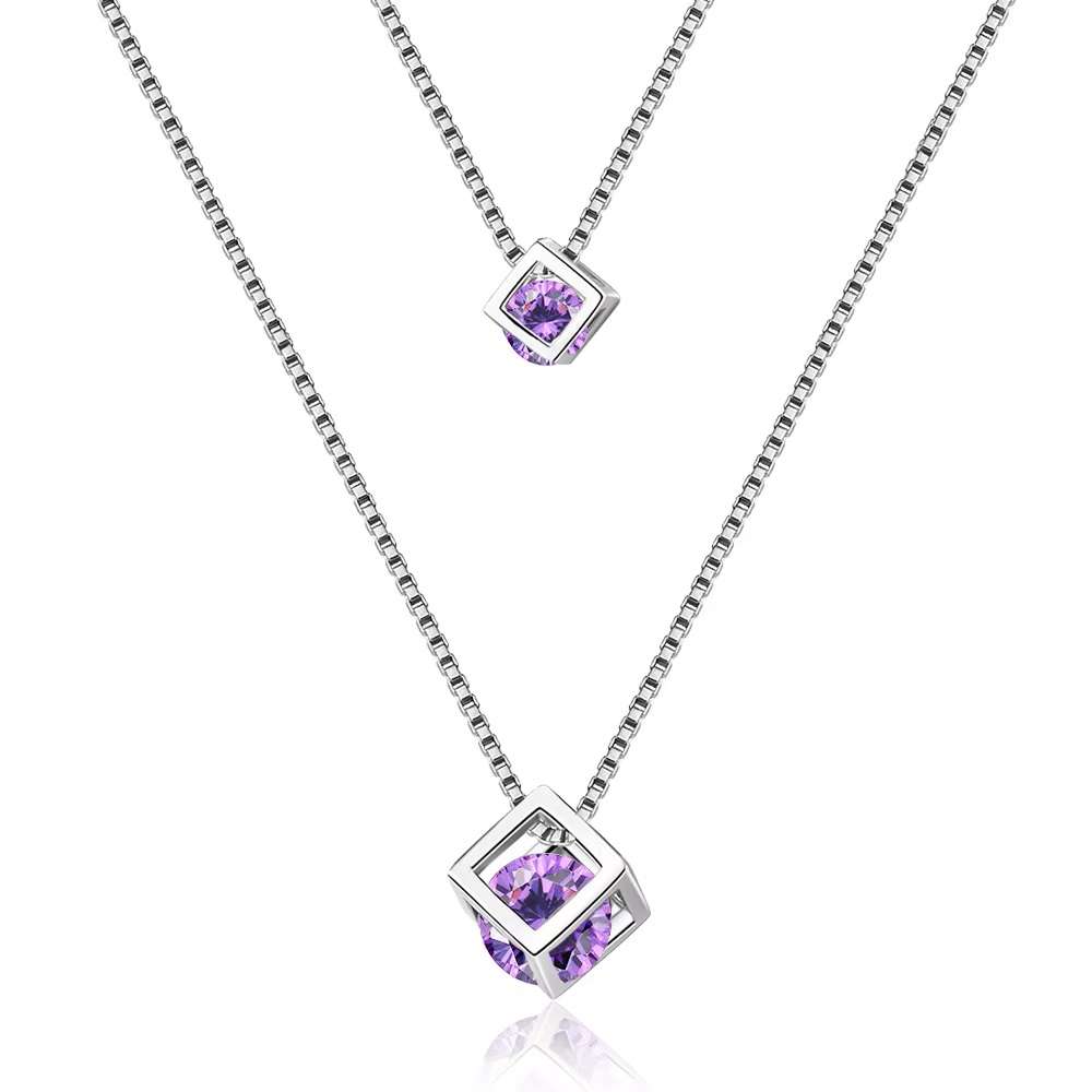 Square Amethyst Cube Zirconia Choker  Double Layer Pendants & Necklace 925 Sterling Silver