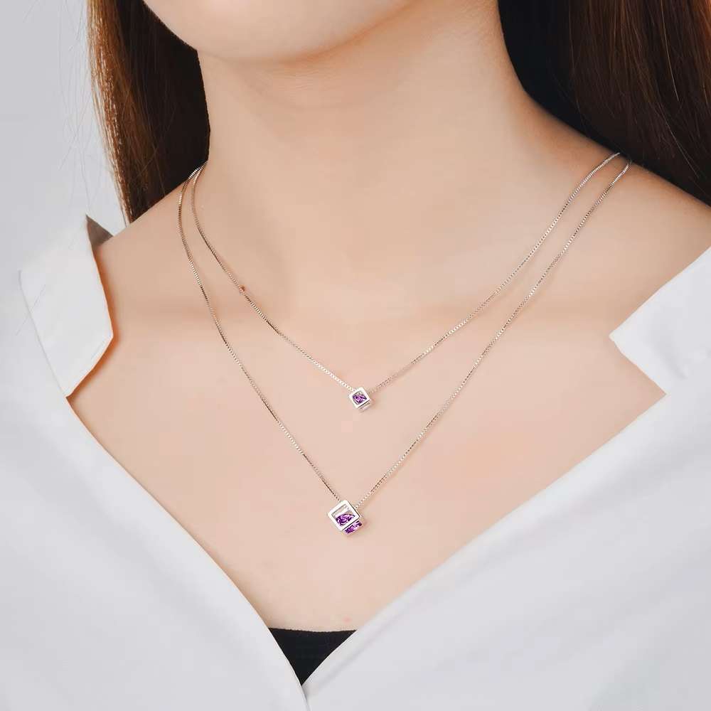 Square Amethyst Cube Zirconia Choker  Double Layer Pendants & Necklace 925 Sterling Silver