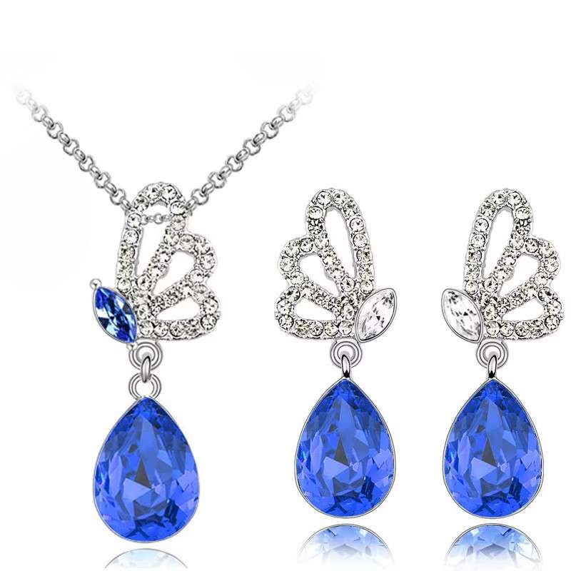 Austrian  Royal Blue Crystal butterfly Pendant & Earrings Set