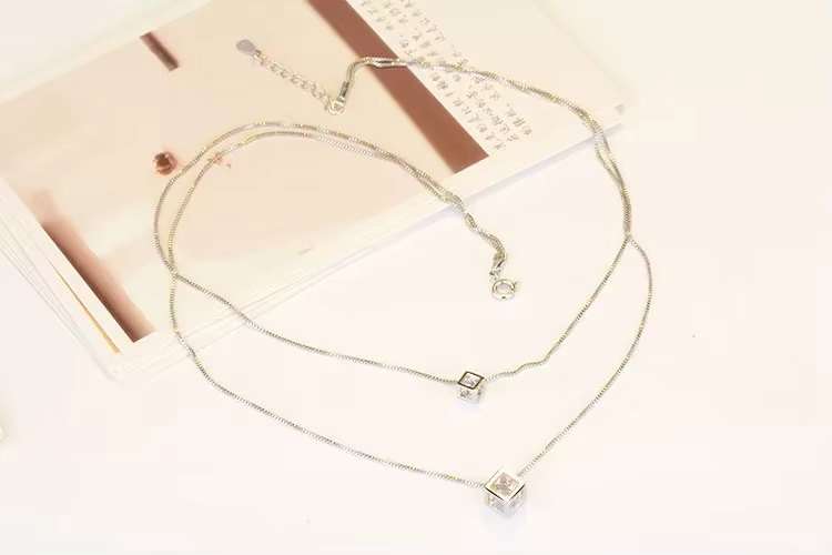 Square Cube Zirconia Choker  Double Layer Pendants & Necklace 925 Sterling Silver