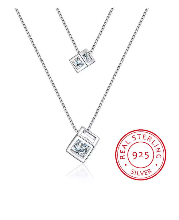 Square Cube Zirconia Choker  Double Layer Pendants & Necklace 925 Sterling Silver
