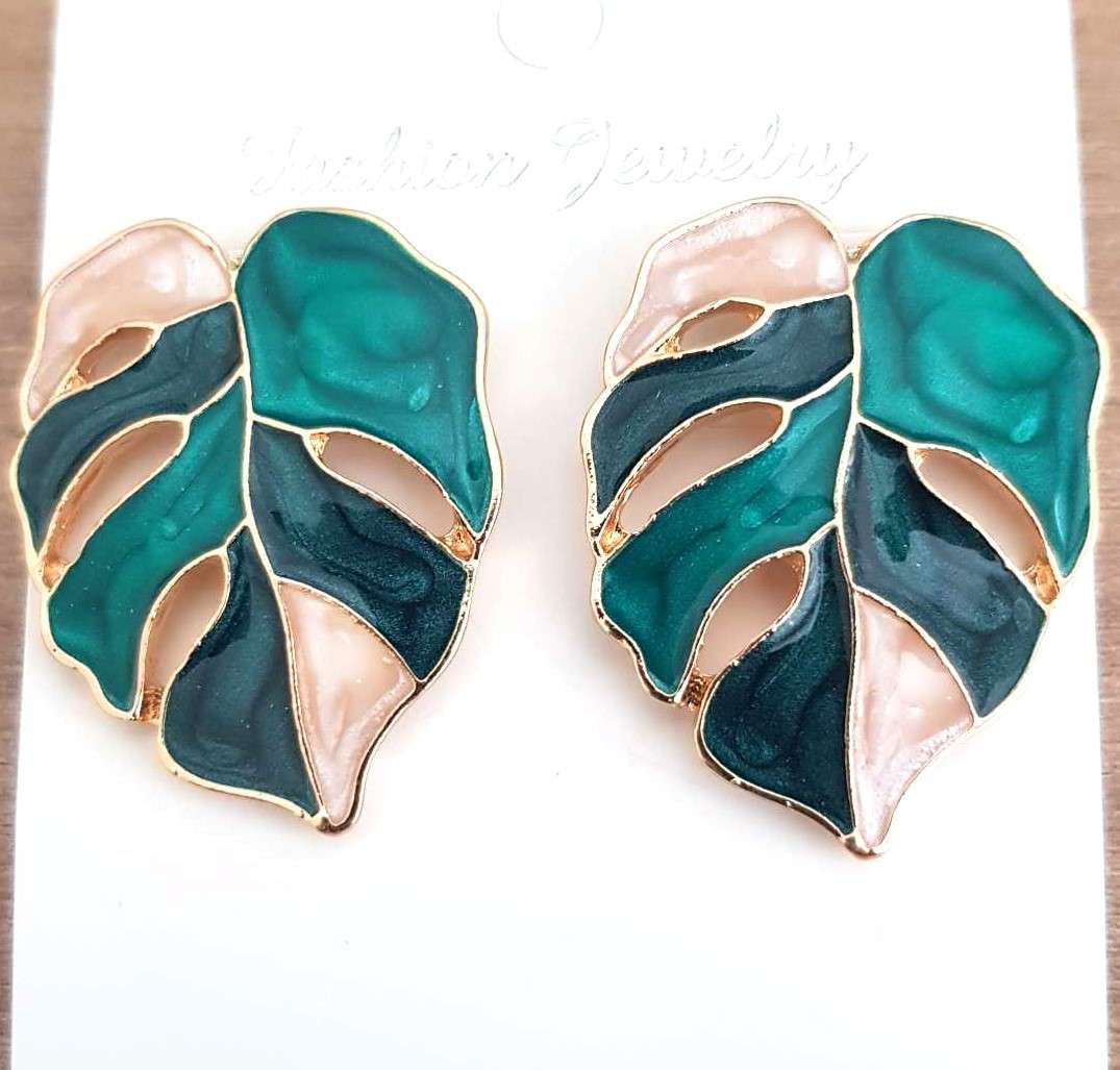 Leaf Turquise, Geen  & Pearl white Enamel Stud Earrings, Vintage Bohemian Style,