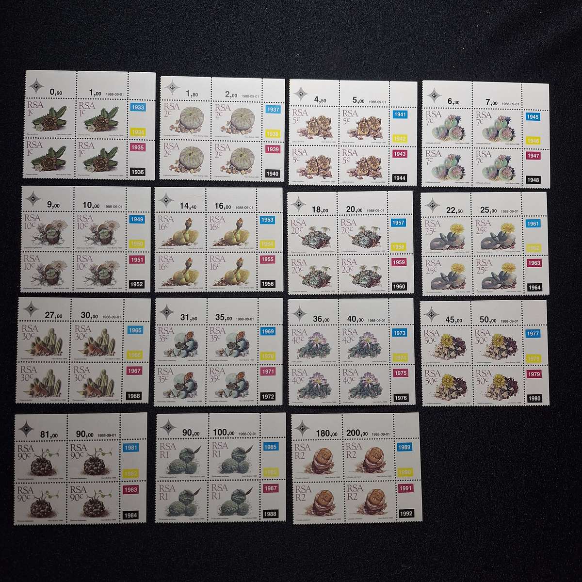 1988 Full Set 1c to R2 Succulents Control Blocks MNH