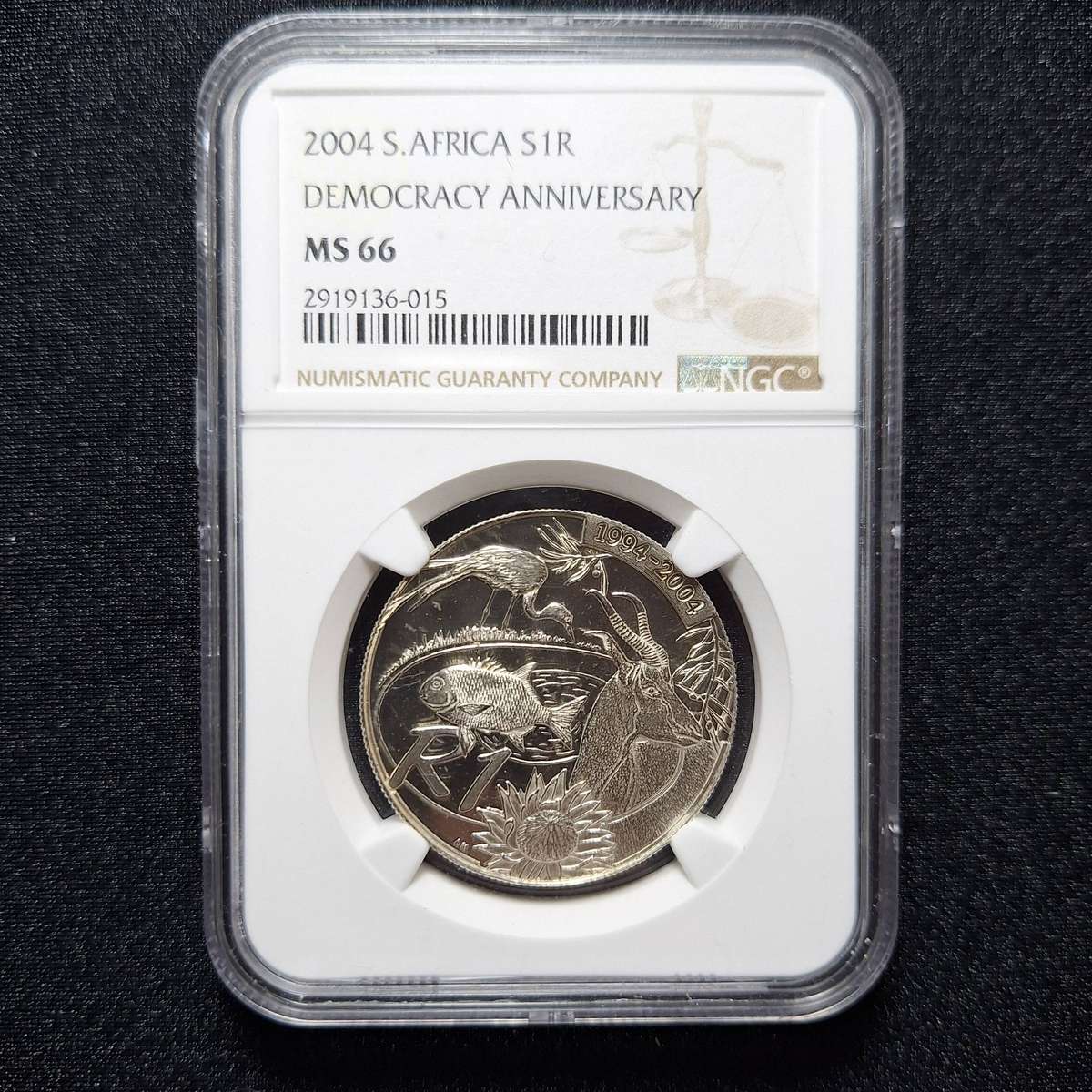 2004 SR1 NGC MS66 Silver Democracy Anniversary South Africa Coin