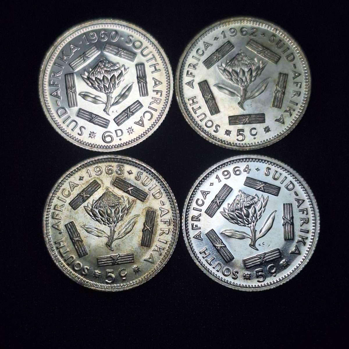 1960, 1962, 1963, 1964 Proof 6D/5c Silver South Africa Coins