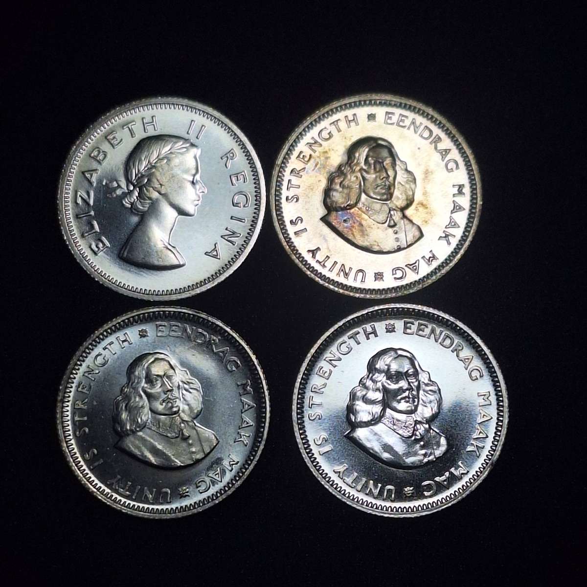 1960, 1962, 1963, 1964 Proof 6D/5c Silver South Africa Coins