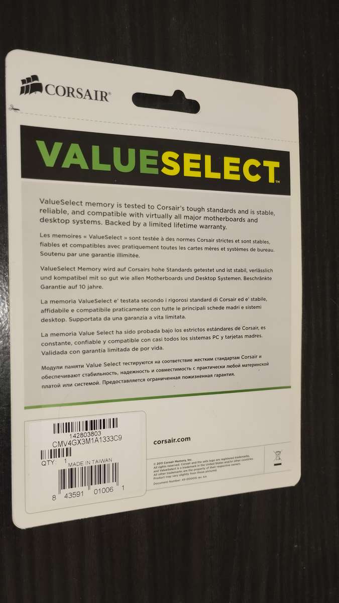 Corsair ValueSelect 4GB, DDR3-1333MHz CL9 x2 (Total 8GB)