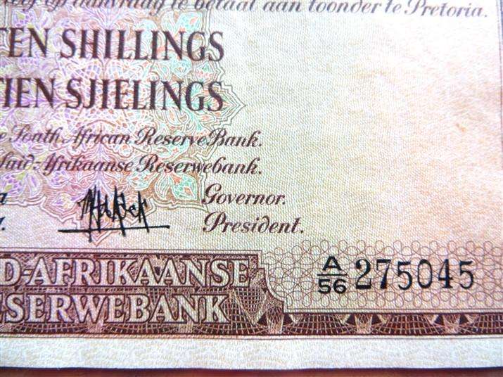 MH De Kock 1951 10 Shillings Note #A56 275045 Eng/Afr