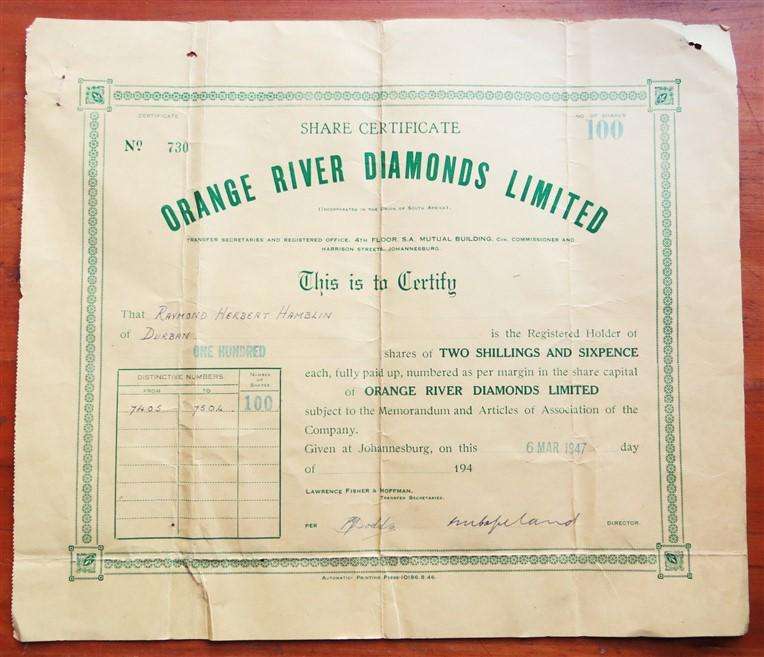 Orange River Diamonds Share Certificate (1947)