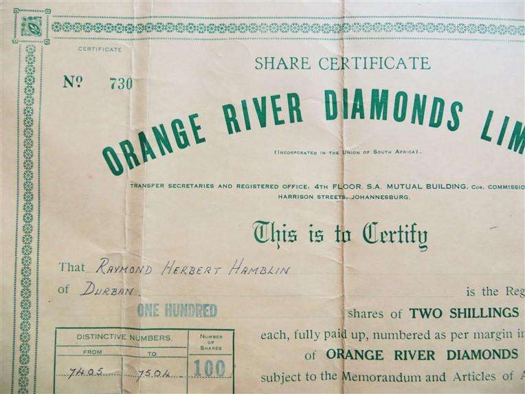 Orange River Diamonds Share Certificate (1947)