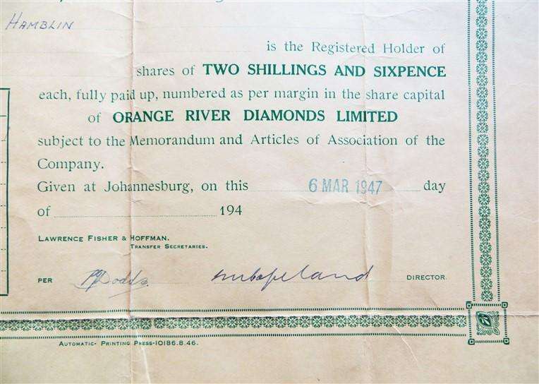 Orange River Diamonds Share Certificate (1947)
