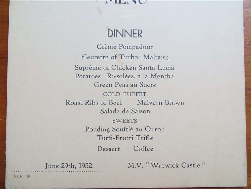 1952 Union Castle Line Menu - Mombasa - Warwick Castle