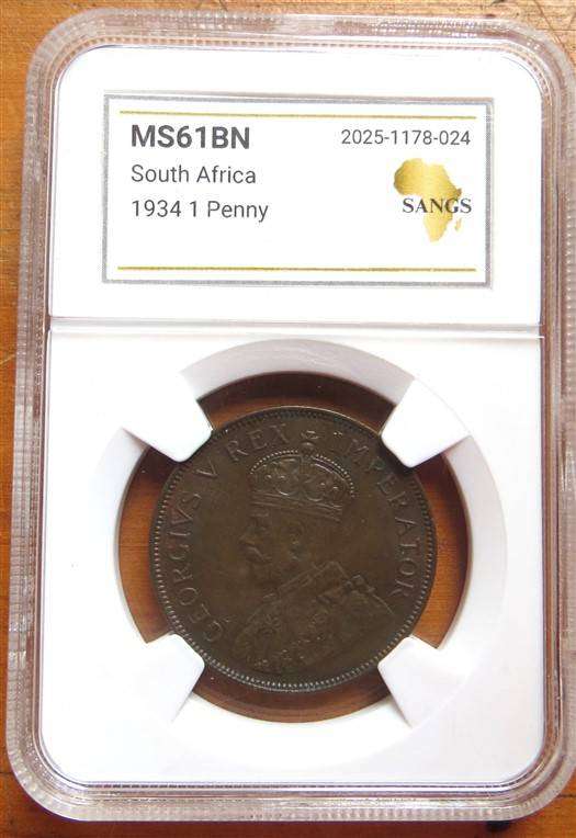 1934 SA Union 1d penny NGC MS61