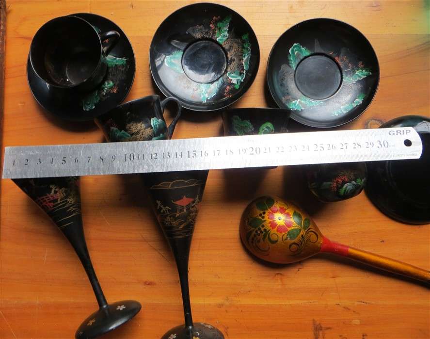 Vintage Japanese painted Cups Saucers Spoon - 1 Bid for All