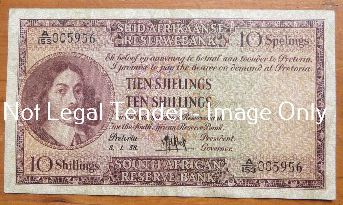 1958 MH De Kock 10 Shillings Note A153 #005956